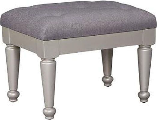  Ashley B650-01 Coralayne Series Upholstered Stool, Made with paint grade materials including a stipple look with hardwood solids with a mid-sheen silver paint finish, Stool seat has a dark textured gray fabric upholstery with round turned legs, Dimensions 23.00
