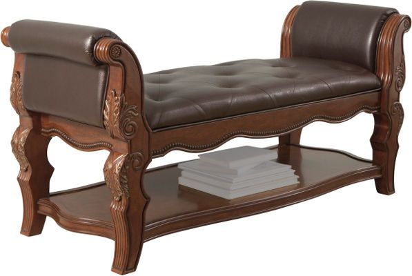  Ashley B705-09 Ledelle Series Upholstered Bench, Ash swirl and birch veneers with Asian hardwoods, Traditional dark cherry stain finish, Elaborately moulded ornamentation throughout, Dimensions 54.75