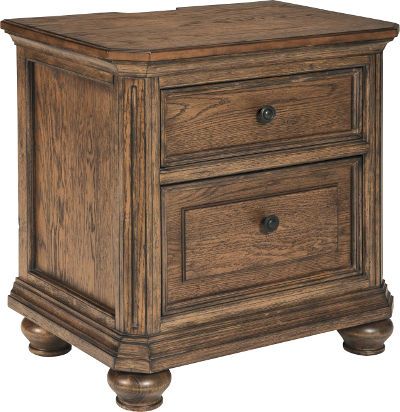  Ashley B709-92 Maeleen Series Two Drawer Night Stand, Made with Oak veneer and select hardwoods with a wire brushed surface and medium brown finish with grayed effect, The drawers have fully finished boxes with ball bearing side guides and feature a generously scaled knob or bail finished in a dark vintage bronze color, Dimensions 28.25