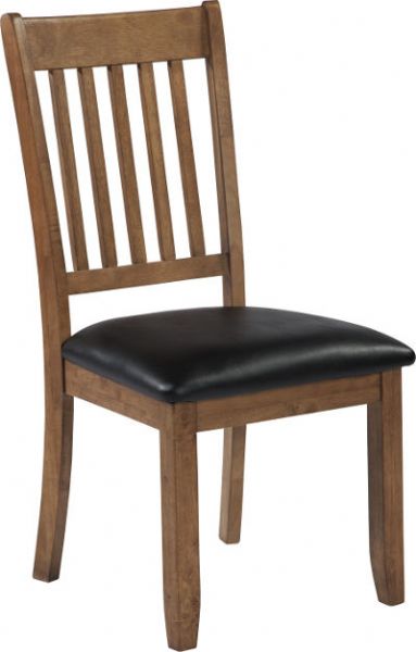 Ashley D278-01 Joveen Series Dining Upholstered Side Chair, Price per Unit, Can only be purchased in Sets of 2, Made with select Oak veneers and hardwood solids and finished in a natural brown finish, Chair has a comfortable slat-back design and an upholstered cushion covered in black faux leather, Dimensions 19.25