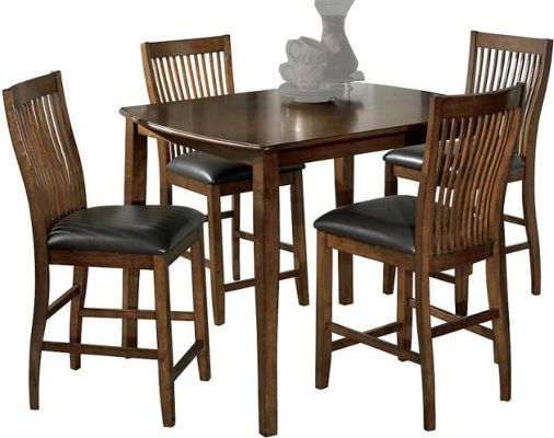  Ashley D293-223 Stuman Series Rectangular DRM Counter Table Set, Four chairs and a table, Asian hardwoods and veneers, Medium brown casual finish, Glued and screwed corner block construction, Bent comb back chair design for better comfort, Polyurethane upholstered chair seats, Dimensions 36.00