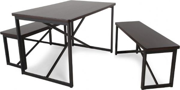  Ashley D301-125 Joring Series Rectangular DRM Table Set, Two benches and a table, Metal base has a dark bronze powdercoat finish, Table top has a dark brown finish, Dimensions 29.88