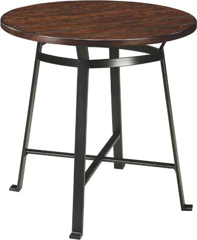  Ashley D307-12 Challiman Series Round Dining Room Bar Table, Table frame made with bar shaped tubular metal in blackened pewter color finish, Table tops are made with planked pine veneer with cross saw distress and dark brown finish, Modern industrial styling, Dimensions 36.00