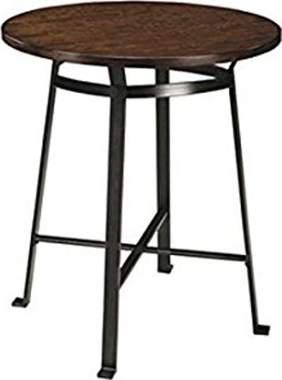  Ashley D307-13 Challiman Series Round DRM Counter Table, Table frame made with bar shaped tubular metal in blackened pewter color finish, Table tops are made with planked pine veneer with cross saw distress and dark brown finish, Modern industrial styling, Dimensions 36.00