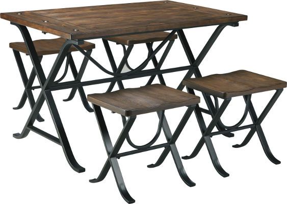  Ashley D311-225 Freimore Series Rectangular DRM Table Set, Four Stools and a Table, Table and stool frames made with bar shaped tubular metal in textured black color powder coat finish, Table top is made with pine veneers in a planked and wire brushed effect that is finished in medium brown and accented with large recessed nails, Stools have scooped seats, Dimensions 30.13