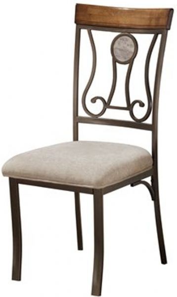 Ashley D314-01 Hopstand Series Dining Upholstered Side Chair, Price per Unit, Can only be purchased in Sets of 4, Welded steel frames, Top is constructed with birch veneer over MDF and high gloss polyurethane faux marble inset, Aged bronze color powder coat finish on all metal parts, Neutral colored fabric seat cover, UPC 024052179620 (ASHLEY D314 01 ASHLEY D31401 ASHLEYD314 01 ASHLEY-D314-01 ASHLEY-D31401 ASHLEYD314-01 D31401 D314 01)