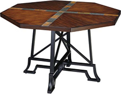  Ashley D315-15 Vinasville Series Dining Room Table With Metal Legs, Table frame made with bar shaped tubular metal in a dark bronze color finish, Top made with select Mindi veneer in a medium vintage brown finish, Table top accented with bands of inlayed slate tiles, Dimensions 46.63