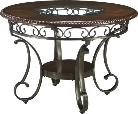  Ashley D329-15 Glambrey Series Round Dining Room Table, Table base frame made with tubular metal in dark bronze color powder coat finish, Table has small shelf in the base, Dimensions 44.00