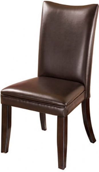  Ashley D357-01 Charrell Series Dining Upholstered Side Chair, Price per Unit, Can only be purchased in Sets of 2, Made with select veneer and hardwood solids, Medium brown finish, Chair upholstery features a brown natural faux leather PVC, Dimensions 20.00
