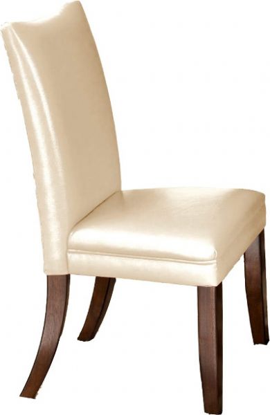  Ashley D357-02 Charrell Series Dining Upholstered Side Chair, Price per Unit, Can only be purchased in Sets of 2, Made with select veneer and hardwood solids, Medium brown finish, Chair upholstery features an ivory natural faux leather PVC, Dimensions 20.00