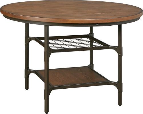  Ashley D405-15 Rolena Series Round Dining Room Table, Top made with Ash veneers and select hardwood solids with an medium chestnut brown finish, Frame made with tubular metal with an industrial bracket look that has nail head detailing, Features a wire grid shelf that adds function and airiness, Dimensions 45.13