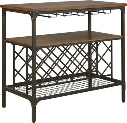  Ashley D405-60 Rolena Series Dining Room Server, Top made with Ash veneers and select hardwood solids with an medium chestnut brown finish, Frame made with tubular metal with an industrial bracket look that has nail head detailing, Features a wire grid shelf that adds function and airiness, Server has wine bottle and glass storage, Dimensions 40.00