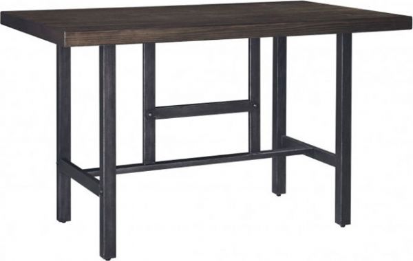  Ashley D469-13 Kavara Series Rectangular Dining Room Counter Table, Made with select pine veneers and hardwood solids in a medium brown reclaimed look finish with saw kerf detailing, Tables have square stock legs with detailed stretcher, Metal finished in a dark metallic toned brush effect with some nail head detailing, Dimensions 36.00