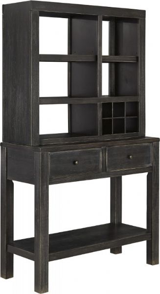  Ashley D532-61 Gavelston Series Dining Room Hutch, Black Color, Made with select poplar veneer and solids in a dry vintage weathered black finish, Framed drawers and aprons, Small wrought looking dark bronze color accent hardware, Dimensions 42.63