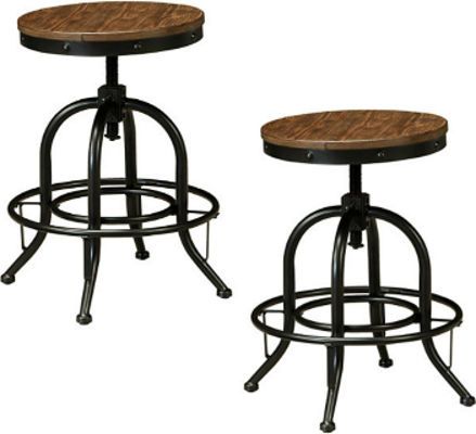Ashley D542-224 Pinnadel Series Swivel Stool, Price per Unit, Can only be purchased in Sets of 2; Stools have metal frames, wood planked seat with adjustable height swivel and metal footrest; Dimensions 17.50