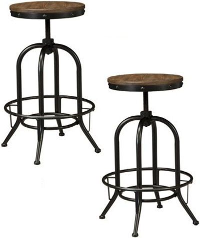 Ashley D542-230 Pinnadel Series Tall Swivel Stool, Price per Unit, Can only be purchased in Sets of 2; Stools have metal frames, wood planked seat with adjustable height swivel and metal footrest; Dimensions 18.63