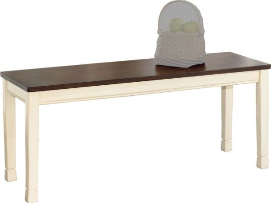  Ashley D583-00 Whitesburg Series Large Dining Room Bench, Made with select veneers and hardwood solids in a two-tone finish, Seat is finished in a burnished brown color, The frame is finished in cottage white paint, Glued and screwed corner block construction, Dimensions 42.00