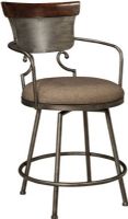 Ashley D608-624 Moriann Series Upholstered Barstool; Stool is made from metal and finished a dark brown brush glazed silver color; The stool has wood cap rail in a dark brown finish, scrolling arms and swivel function; The seat is covered in a dark brown textured fabric; Dimensions 22.00"W x 22.50"D x 38.88"H; Weight 30 lbs; UPC 024052295092 (ASHLEY-D608-624 ASHLEY D608 624 ASHLEY-D608624 ASHLEYD608-624 ASHLEY D608624 ASHLEYD608 624 ASHLEYD608624) 