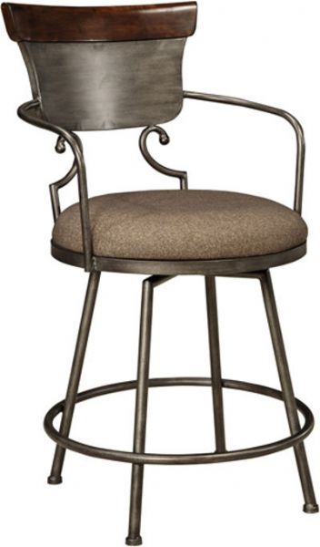 Ashley D608-624 Moriann Series Upholstered Barstool; Stool is made from metal and finished a dark brown brush glazed silver color; The stool has wood cap rail in a dark brown finish, scrolling arms and swivel function; The seat is covered in a dark brown textured fabric; Dimensions 22.00