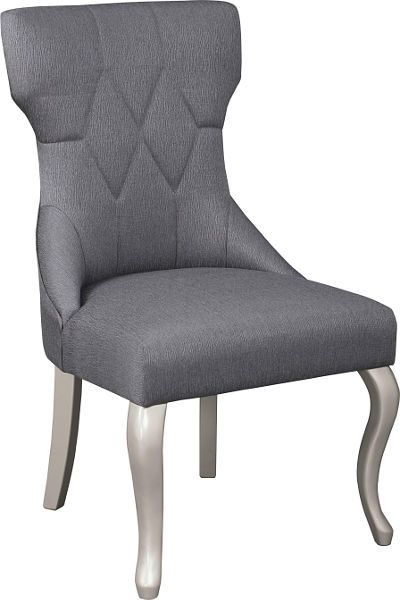Ashley D650-01 Coralayne Series Dining Upholstered Side Chair, Price per Unit, Can only be purchased in Sets of 2, Made with paint grade materials including a stipple look with hardwood solids in a mid-sheen silver paint finish, The modern wingback chair is fully upholstered with button tufting in a dark textured gray fabric available dark gray, UPC 024052330380 (ASHLEY-D650-01 ASHLEY D650 01 ASHLEYD650-01 ASHLEY-D65001 ASHLEY D65001 ASHLEYD650 01 ASHLEYD65001)