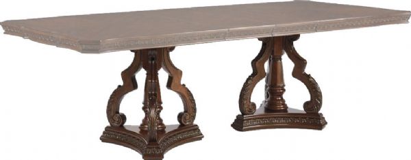 Ashley D705-55B Ledelle Series Rectangle DRM Pedestal Table Base, Ash swirl and birch veneers with Asian hardwoods, Elaborately moulded ornamentation throughout available in brown, Dimensions 27.00