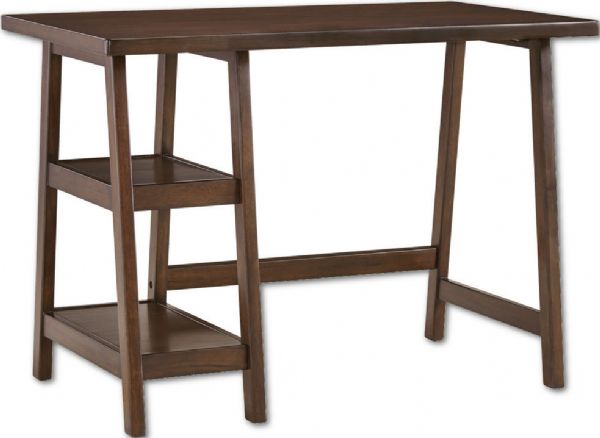 Ashley H309-10 Lewis Series Home Office Small Desk, Made with Acacia veneers and select hardwood solids in a woody medium brown finish that highlights the grain's natural characteristics, Contemporary feel with squared off stock legs and side mounted shelves for storage, Thick top for a sturdy feel, Dimensions 42.00