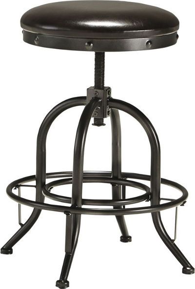  Ashley H526-124 Shayneville Series Stool, Frame made with tubular metal, X brace in a vintage gun metal color finish, Features cushion seat in faux leather with adjustable height swivel and metal footrest, Dimensions 17.50