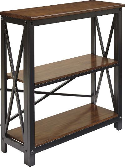  Ashley H526-15 Shayneville Series Medium Bookcase; Bookshelf frame made with tubular metal, X-brace in a vintage gun metal color finish; Bookshelf top, shelves and panels made with select Mindi veneer and finished in a distressed vintage brown color; Dimensions 34.00
