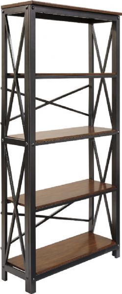  Ashley H526-17 Shayneville Series Large Bookcase; Bookshelf frame made with tubular metal, X-brace in a vintage gun metal color finish; Bookshelf top, shelves and panels made with select Mindi veneer and finished in a distressed vintage brown color; Dimensions 34.00