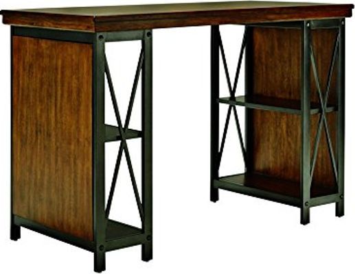  Ashley H526-34 Shayneville Series Home Office Counter Large Desk, Made with select Mindi veneer and hardwood solids finished in a distressed vintage brown color, Frame made with tubular metal, X brace in a vintage gun metal color finish, Dimensions 54.13