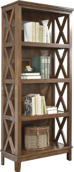  Ashley H565-17 Burkesville Series Large Bookcase, Made with select birch veneers and Asia hardwoods, Medium brown finish, The bookcase design has open side panels with 
