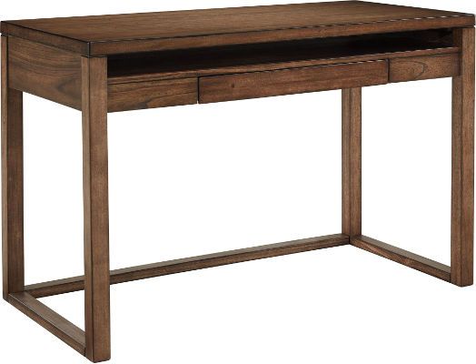  Ashley H587-10 Baybrin Series Home Office Small Desk; Made with Mindi veneer and select hardwood legs; Finished is a rustic brown color; Desk has a full width open shelf and a drawer with drop down front, ball bearing side glide drawer with fully finished sides and black laminate drawer bottom; Dimensions 48.00