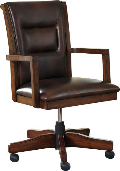  Ashley H619-01A Devrik Series Home Office Desk Chair, Luxurious office chair with framed upholstered effect, Made with Mindi veneers and hardwood solids, Medium brown finish, Back of units are stained, Dimensions 22.75