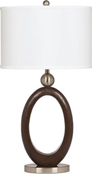 Ashley L419994 Meckenzie Series Poly Table Lamp, Price per Unit, Can only be purchased in Sets of 2, Wood Brown Tone and Brushed Nickel Finished Table Lamp, Oval Drum Shade, 3-Way Switch, Supports Type A Bulb, 150 Watts Max or 25 Watts Max CFL, Dimensions 16.00