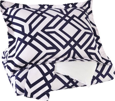  Ashley Q709003K Imelda Series 3-Piece King Comforter Set, Navy, Includes Comforter and 2 Shams, Geometric Design in Navy and White, Cotton Cover Filled with Polyester, Machine Washable, Dimensions 108.00