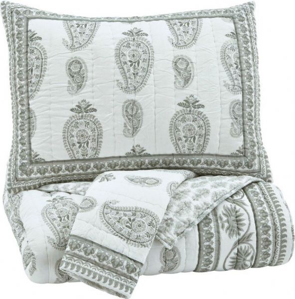  Ashley Q726013K Almeda Series 3-Piece King Coverlet Set, Beige, Includes Coverlet and 2 Shams, Voile with Block Printing Channel Quilted Design in Beige, Cotton with Cotton Filling, Machine Washable, Dimensions 108.00
