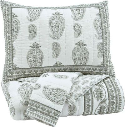  Ashley Q726023K Almeda Series 3-Piece King Coverlet Set, Gray, Includes Coverlet and 2 Shams, Voile with Block Printing Channel Quilted Design in Gray, Cotton with Cotton Filling, Machine Washable, Dimensions 108.00