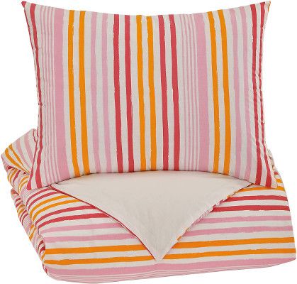 Ashley Q741001T Genista Series Twin Duvet Cover Set, 2 Piece Duvet Set that Includes Duvet Cover and 1 Sham, Insert not Included, Horizontal Striped Design in Shades of Pink and Orange, 200 Thread Count, Cotton, Machine Washable, Dimensions 69.00