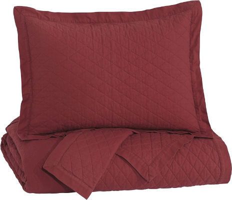  Ashley Q760043K Alecio Series 3-Piece King Quilt Set, Red Color, Includes Quilt and 2 Shams, Stone Washed Diamond Quilted Design in Red Color, 200 Thread Count, Cotton with Cotton Filling, Machine Washable, Dimensions 108.00