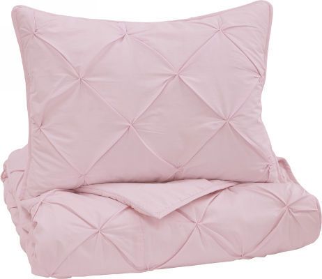  Ashley Q768003F Medera Series 3-Piece Full Comforter Set, Rose Color, Includes Comforter and 2 Shams, Solid Pin Tuck Design in Rose, Made in Cotton, Filled with Cotton, Dry Clean Only, Dimensions 84.00