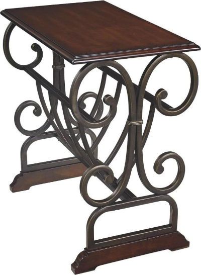  Ashley T017-329 Braunsen Series Chair Side End Table, Brown; Frame made with metal in a bronze color finish with magazine rack, wood top and wood base accent in brown cherry color finish; Dimensions 14.50