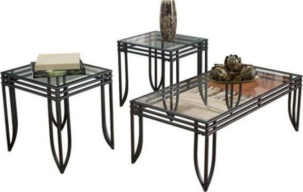  Ashley T113-13 Exeter Series Occasional Table Set, Three Tables, Black; Black and brown textured finish; Welded tubular and metal frame; Table legs have plastic guides; RTA construction; Dimensions 44.00