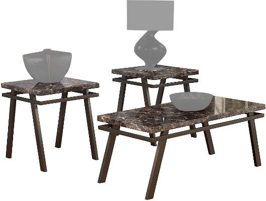  Ashley T126-13 Paintsville Series Occasional Table Set, Three Tables, Bronze Finished, Table base made with tubular metal in a bronze color powder coat finish, Thick look top made with print block pattern marble laminate, Top is finished with full sheen polyurethane, Dimensions 46.13