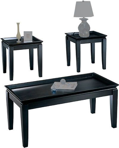  Ashley T131-13 Delormy Series Occasional Table Set, Three tables, Almost Black Finish, Constructed with select hardwood solids and veneers, Framed tray top, RTA construction, Dimensions 48.00