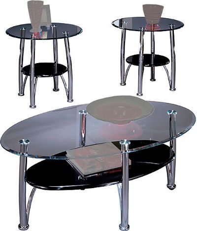  Ashley T141-13 Dempsey Series Occasional Table Set, Three-Piece Set, Chrome Finish, Welded metal construction, Clear beveled float glass tops, Polished black lacquered shelf, RTA construction, Dimensions 46.00