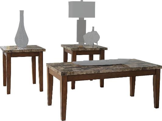  Ashley T158-13 Theo Series Occasional Table Set, Three-Piece Set, Warm Brown Finish, Top made with polyurethane coated print marble, Aprons and legs made from select veneer and solids with a warm brown finish, Dimensions 47.75
