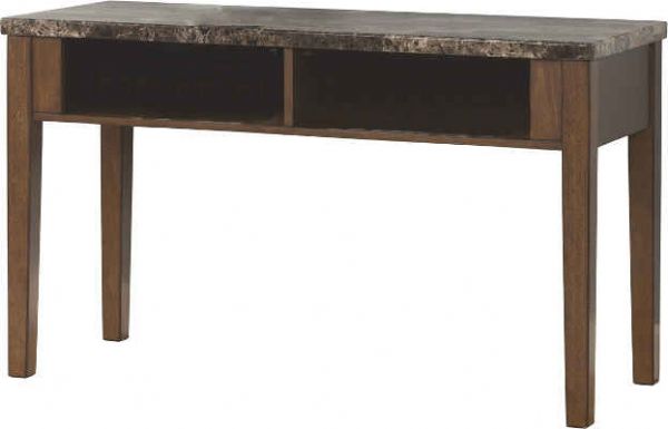  Ashley T158-4 Theo Series Console Sofa Table, Warm Brown Finish, Top made with polyurethane coated print marble, Aprons and legs made from select veneer and solids with a warm brown finish, Dimensions 48.00