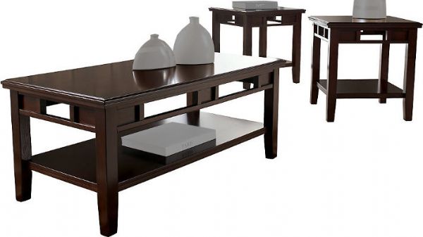  Ashley T160-13 Logan Occasional Table Set, Three-Piece Set, Dark Brown, Made with select veneers and hardwood solids in a dark brown finish, Pierced apron design, Dimensions 47.38