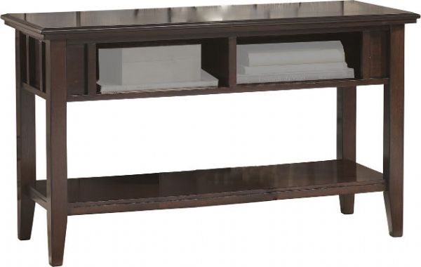  Ashley T160-4 Logan Console Sofa Table, Dark Brown, Made with select veneers and hardwood solids in a dark brown finish, Pierced apron design, Dimensions 48.00