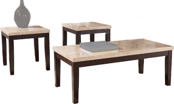  Ashley T165-13 Wilder Occasional Table Set, Three-Piece Set, Espresso Color, Faux travertine thick top has a durable polyurethane finish, Balance finished in a dark brown finish, Solid wood legs, Dimensions 48.00